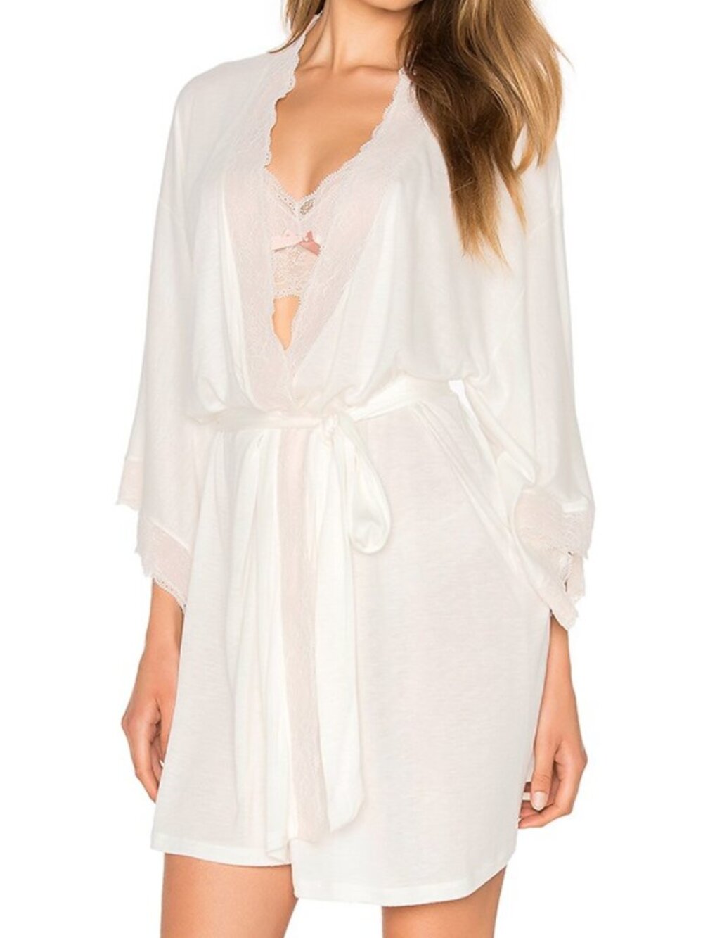 NEW Eberjey June Lace Kimono Robe Sz S, Off White Cream Blush Bride Wedding